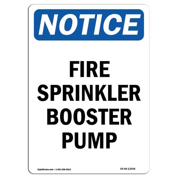 OSHA Notice Sign, Fire Sprinkler Booster Pump, 18in X 12in Decal, 12